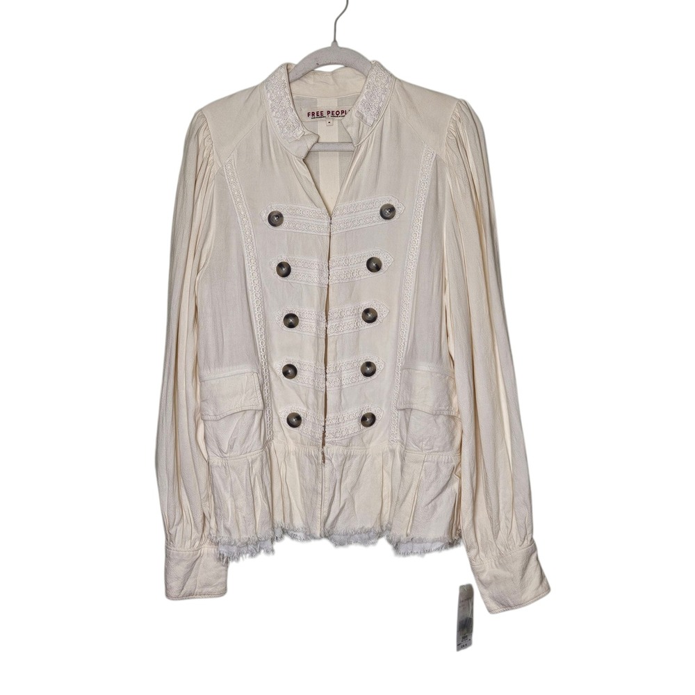 Free People NWT Military Jacket Button Up Crochet Trim White Size M Boho Chic